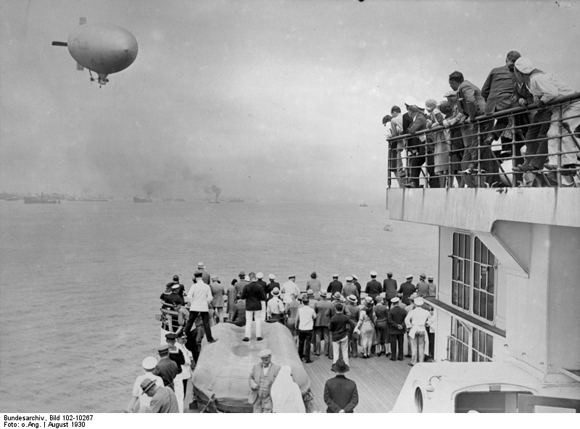 Passengers Watch a Zeppelin from the Deck of the "Bremen" (August 1930)